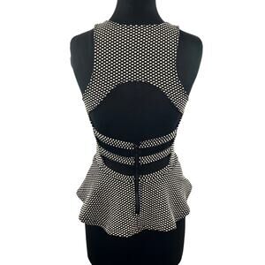 SANS SOUCI Knit Polka Dot Body Con Cut Out Back Peplum Zipper Top Size M Medium